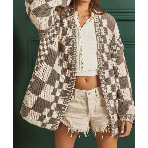 NEW BIBI chunky checkered cardigan in mocha - Picture 4 of 4